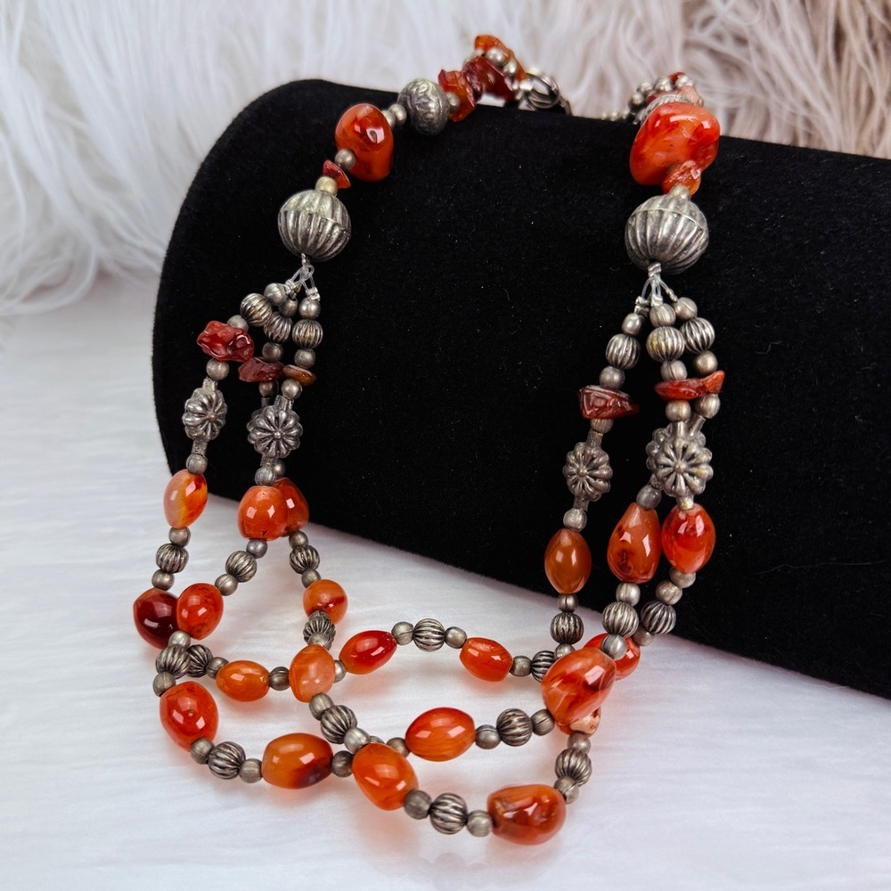 Vintage Silvertone weighted red orange three strand beaded necklace